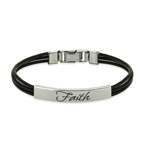 Engraved "Faith" Stainless Steel Leather Bracelet - Inspirational Christian Jewelry Gift