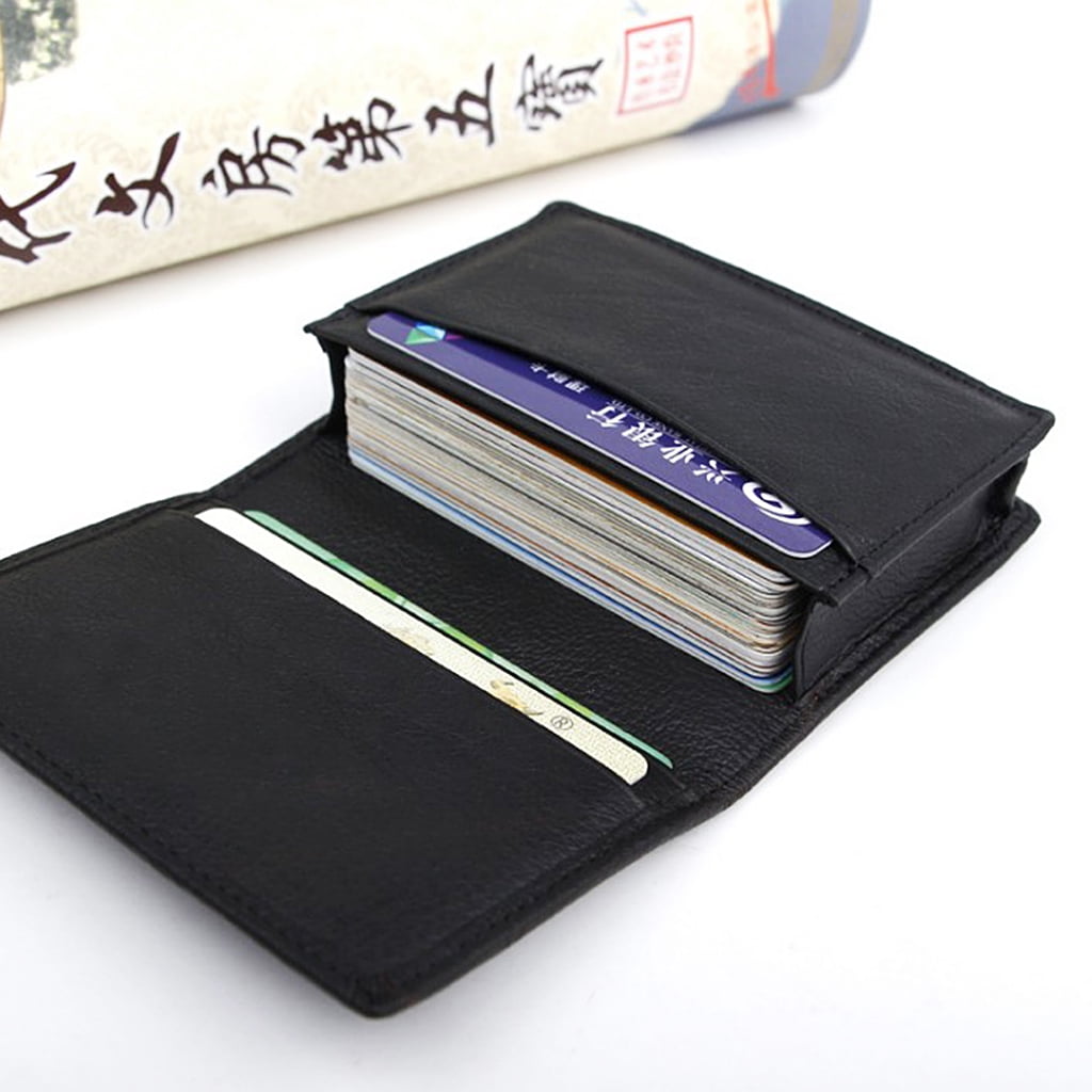 Men’s Expandable Business Card Holder Wallet - Credit Card Slots, ID Window, Black Leather