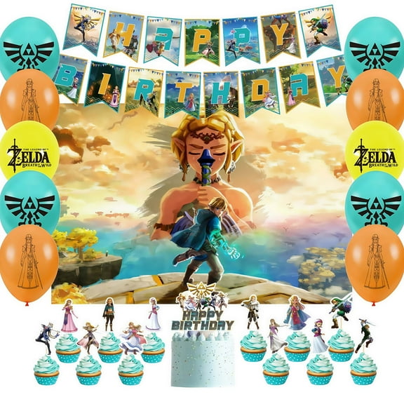 The Legend of Zelda themed party supplies, birthday decoration set includes banner, backdrop, balloons, cake cupcake toppers, suitable for boys and girls theme parties