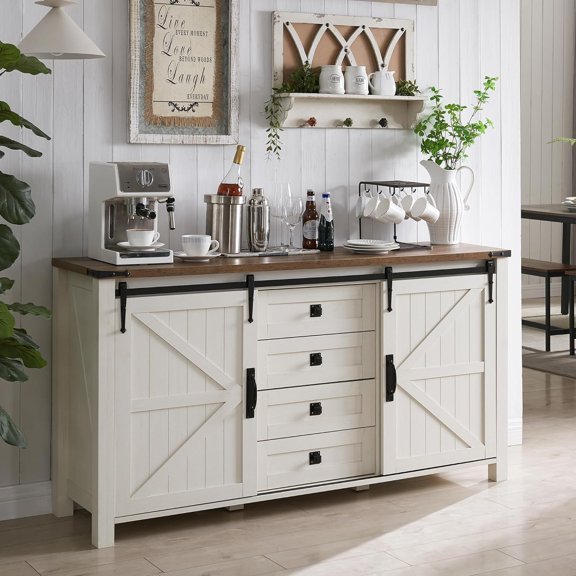 OKD Farmhouse Sideboard Buffet Cabinet with Storage, 60" Large Kitchen Cabinet w/Sliding Barn Doors and 4 Drawers, 31.2'' Tall Wood Coffee Bar Table for Dining Room, Antique White