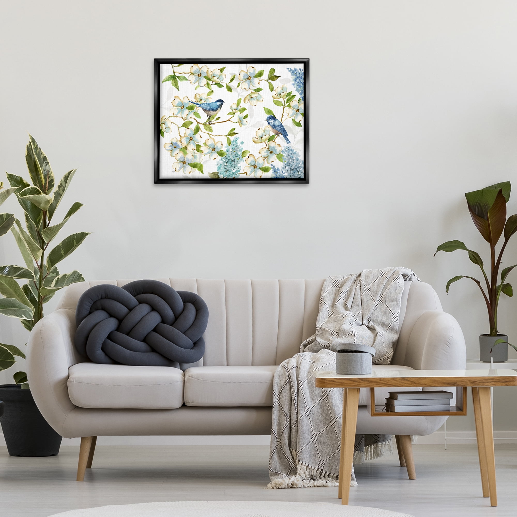 Stupell Industries Dogwood & Bluebirds Plants & Flowers Painting Black Floater Framed Canvas Art Print Wall Art, 31 x 25