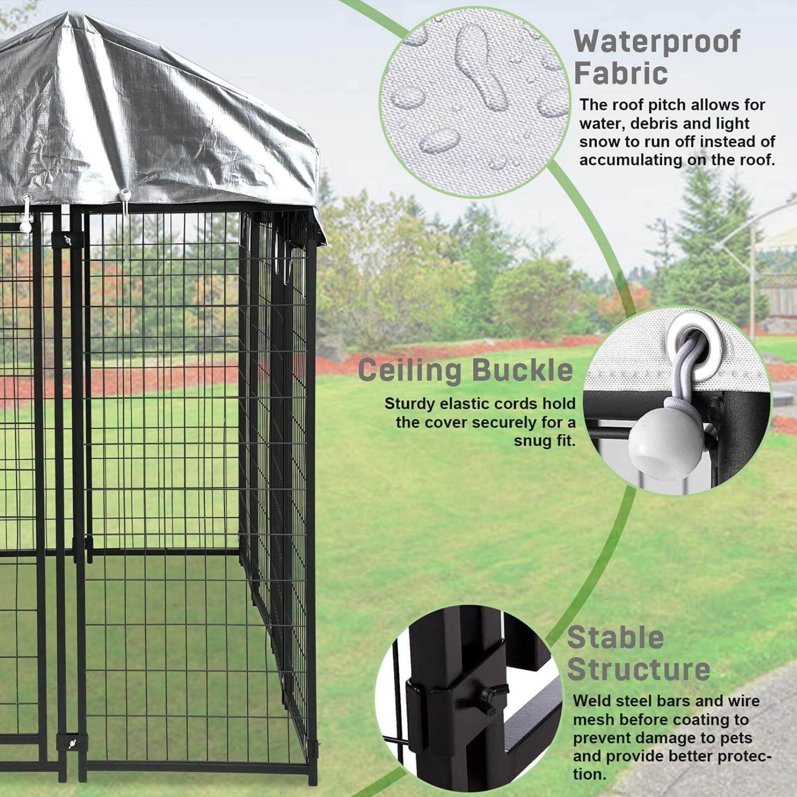 NiamVelo 8'x4'x6' Large Dog Kennel Heavy Duty Playpen Welded Dog Cage with Water-Resistant Cover, Outdoor Dog Fence Crate for Backyard, Black