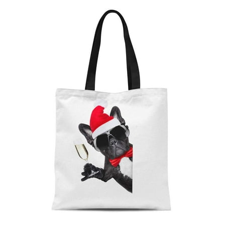 KDAGR Canvas Tote Bag Santa Claus French Bulldog Dog Toasting Xmas Cheers Champagne Reusable Shoulder Grocery Shopping Bags
