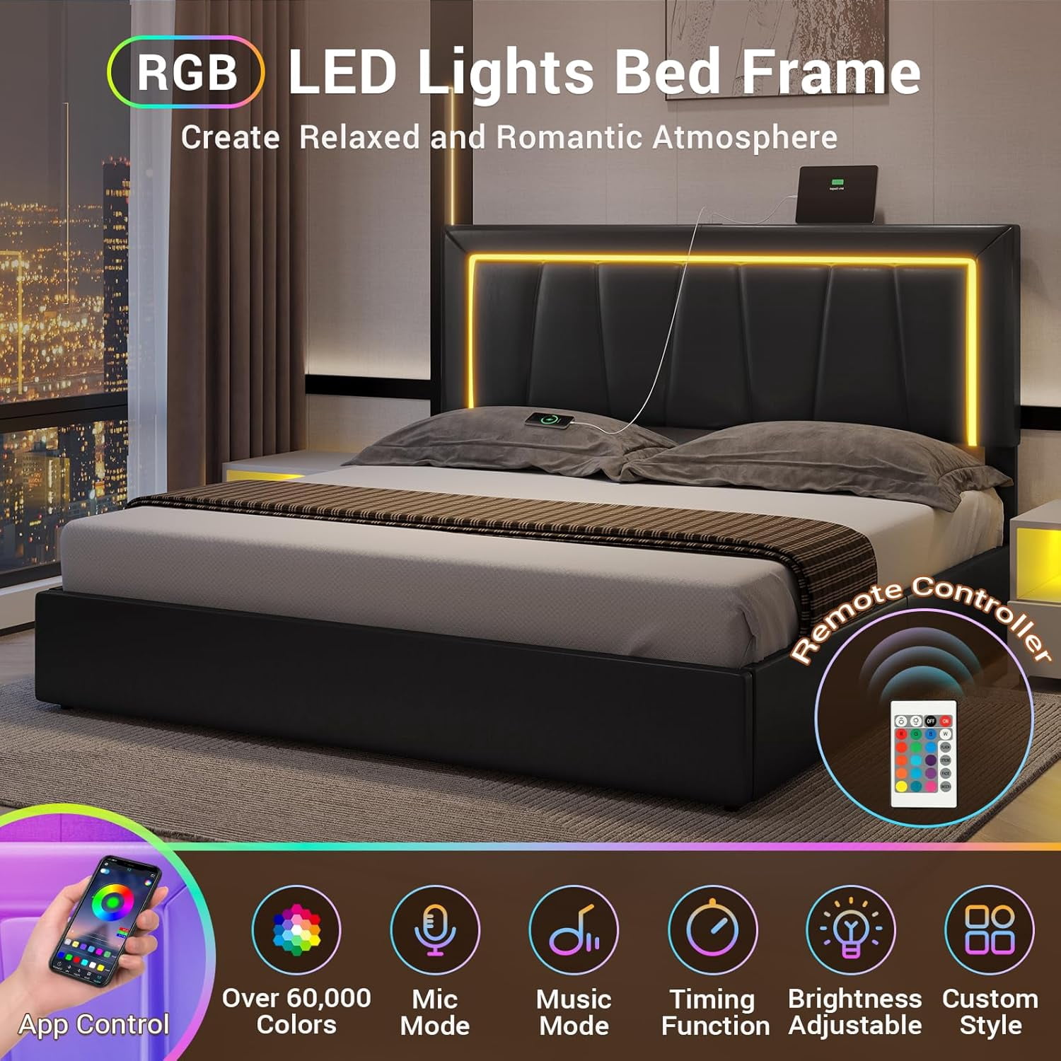 Aunfebrco LED Bed Frame California King Upholstered Platform Bed Frame with 4 Drawers&LED Lights&USB Ports, Cali King Storage Bed for Bedroom, No Box Spring Needed, Black
