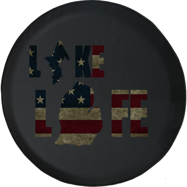 Lake Life Michigan Distressed American Flag Spare Tire Cover Jeep RV