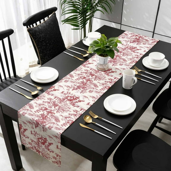 Red Garden Retro Cotton Linen Table Runner 13 x 90 inch Modern Art Building Tree Boat Non-slip Rectangular Dining Table Decor for Wedding Party Holiday Dinner