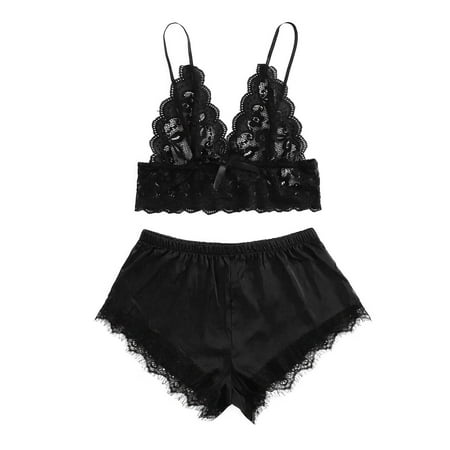 

Women Sexy Lace Lingerie Silk Sleepwear Plus Size Pajamas Satin Underwear