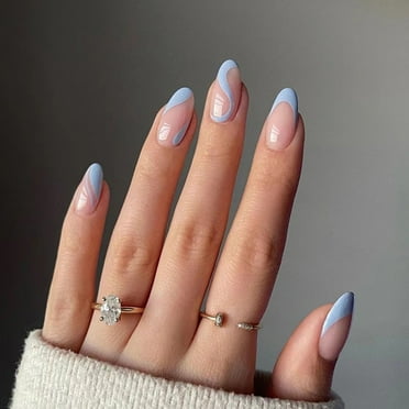 BGZLEU French Tip Press on Nails Fake Nails Blue Nails with Swirls Design Almond Acrylic Handmade Blue French Tip Almond Nails Reusable Nails Tips for Women and Girls 24Pcs