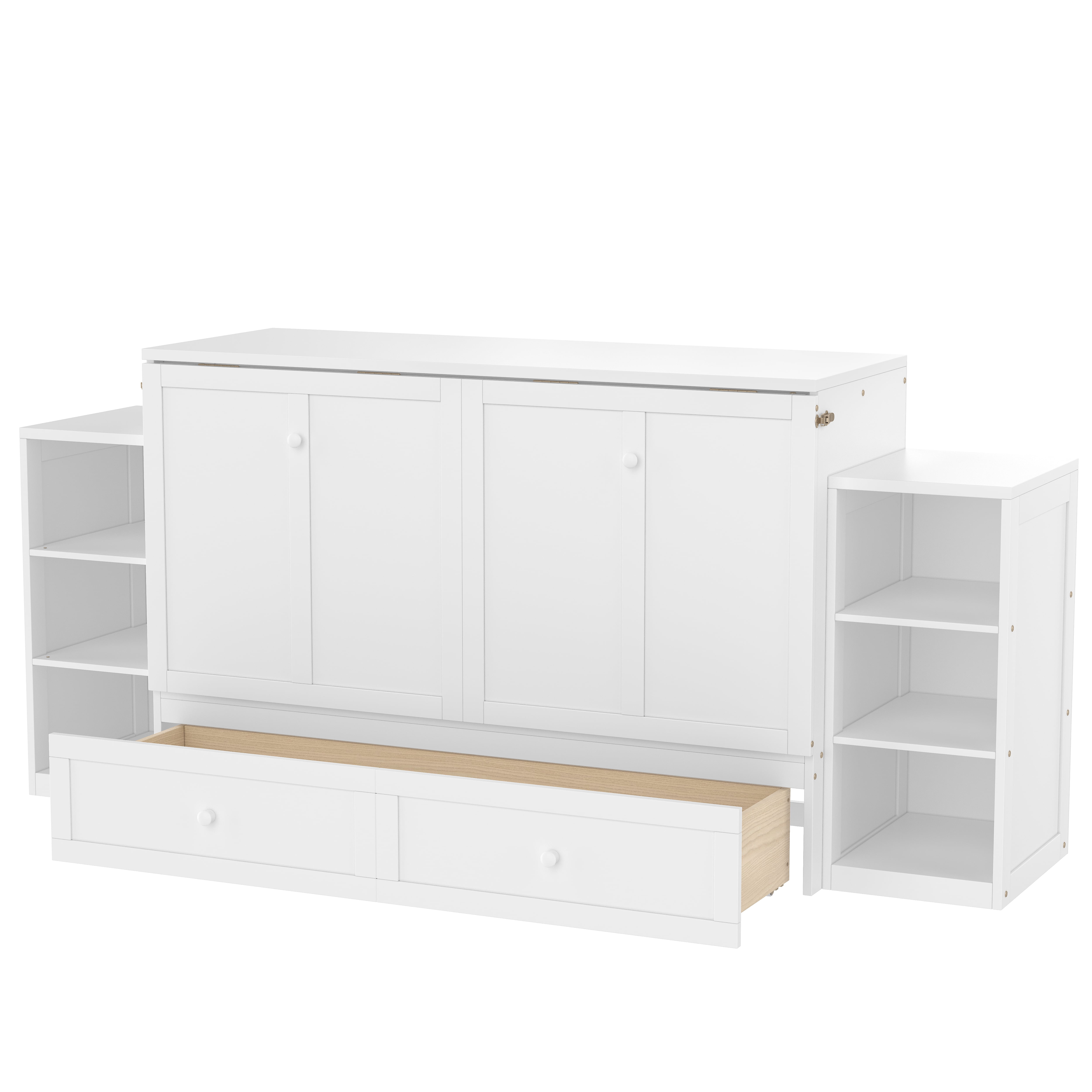 Mintazer Queen Size Murphy Bed with 6 Side Shelves & 2 Drawers, Modern Foldable Cabinet Bed for Bedroom Apartment Guest Room, White
