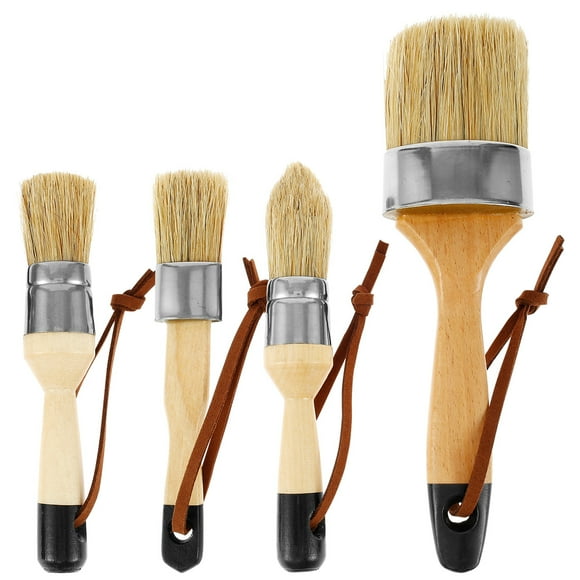 4Pcs Wax Brushes Set with Round Paint Brush Pointed Brush Flat Brush Oval Chalk Brush Natural Bristle Paint Brushes with Wooden Handle Chalk Paint Brushes Set for Furniture Milk Paint