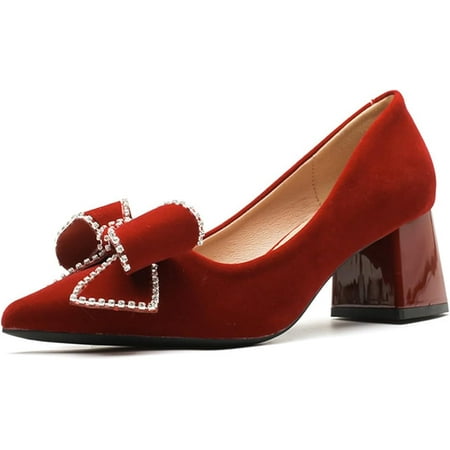 Women s Bow Chunky Heel Dress Pumps Fashion Pointed Toe Slip-On Mid Block Heel Office Work Formal Shoes Grace Party Prom Bridal Shoes