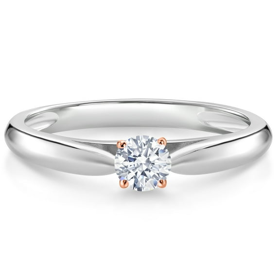 Gem Stone King 10K White and Rose Gold White Zirconia Solitaire Engagement Ring for Women (0.17 Cttw, Gemstone, Round 3.5MM, Size 8)