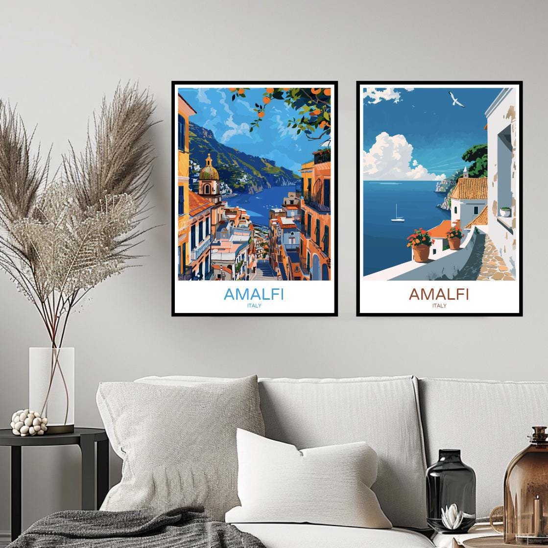 Amalfi Italy Travel Coast Tyrrhenian Sea Salerno Wall Travel Italy Poster, Set 2, Poster Only