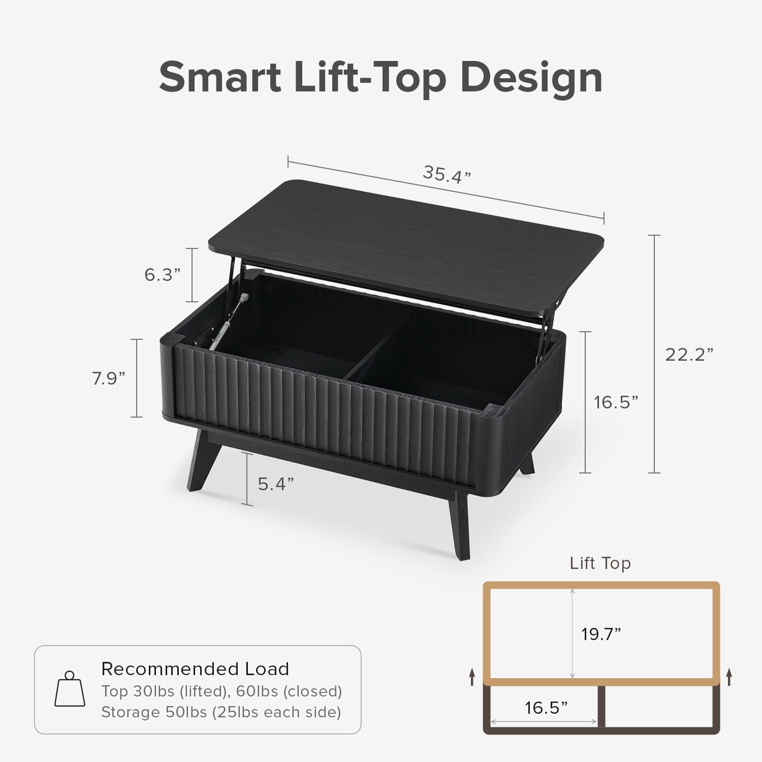 Mopio Lift-Top Coffee Table with Storage, Fluted Design, Black Oak Finish