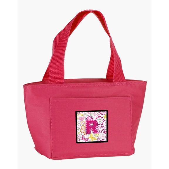 Letter R Flowers and Butterflies Pink Lunch Bag