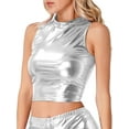 thumbnail image 5 of Yeahdor Womens Shiny Metallic Faux Leather Crop Top Sleeveless Club Dance Tank Top Vest Silver M, 5 of 6