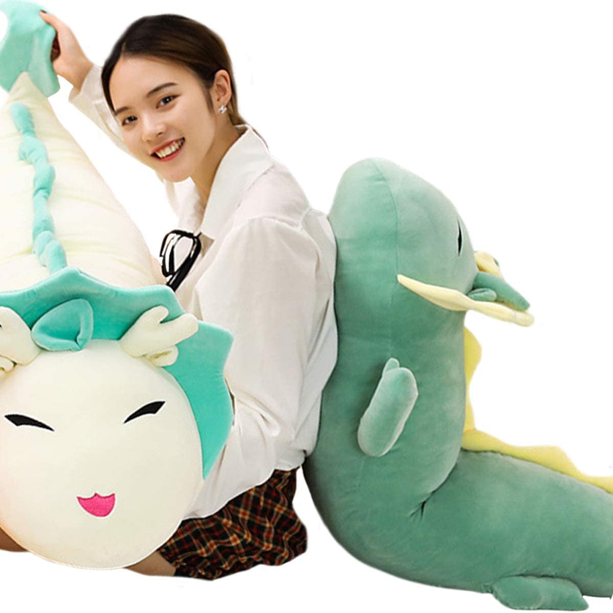 Giant Dragon Plush Long Soft Hugging Pillow Anime Cute Stuffed Green Dragon Plushie Neck Pillow Back Cushion Decor 35.4 43.3 51.2Inch