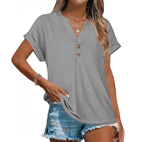 Vmvidoty Womens V Neck T-Shirt Summer Short Sleeve Dressy Casual Button Tops Eyelet Fashion Tees Gray XXL