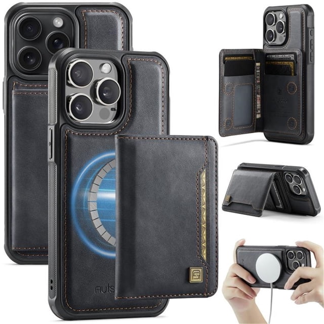 AutSpace Funda para Apple iPhone 13 Pro, Bloqueo RFID, Cuero PU, Compatible con MagSafe, Billetera Desmontable 2 en 1 con Tarjetero, Soporte, Cubierta Protectora Magnética, Negro, para iPhone 13 Pro