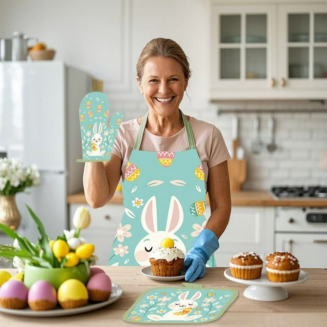 TopLLC Easter Decorations Easter Cooking Apron Insulated Mitts Insulated Pads Three Piece Set Suspender Apron Kitchen Cooking Apron BBQ Apron Holiday Decorative Sleeveless Apron Polyester Apron
