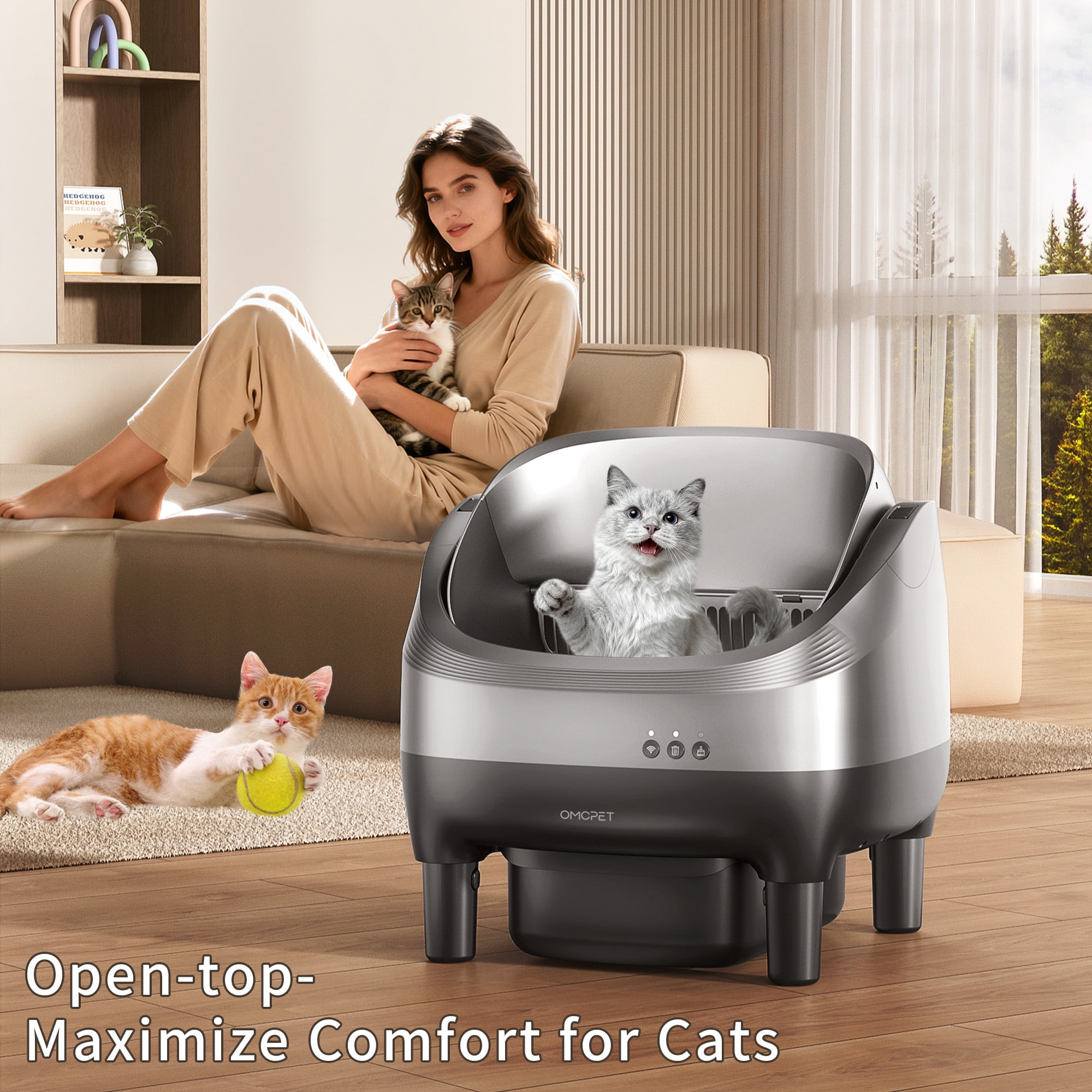 OUDOSPRS Automatic Cat Litter Box Self Cleaning, Smart Litter Box for Multiple Cats with 10 Safety Sensor Radars, 100L Electric Cat Box with APP-Control, Odor Control, Quiet Operation, Gray