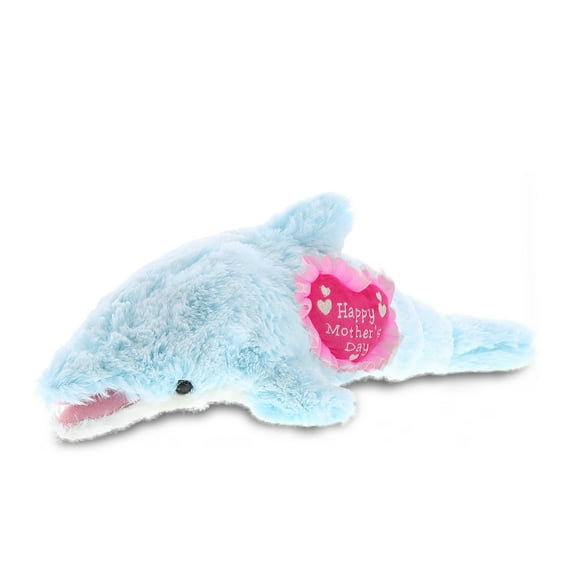 DolliBu Happy Mother's Day Super Soft Plush Blue Dolphin Figure - Cute Stuffed Animal with Pink Heart Message for Best Mommy, Grandma, Wife, Daughter - Cute Sea Life Plush Toy Gift - 14" Inches