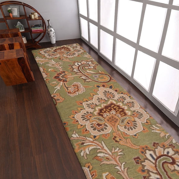 Rugsotic Carpets Hand Tufted Wool Eco-Friendly 2'6''x8' Area Rugs Runner Green Floral Modern High Pile Thick Handmade Anti Skid Indoor Rug for Living Room, Bedroom K00151