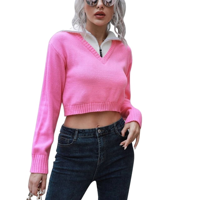 Suéter corto para mujer, cuello vuelto, manga larga, cuello en V, Color sólido, Jersey de punto