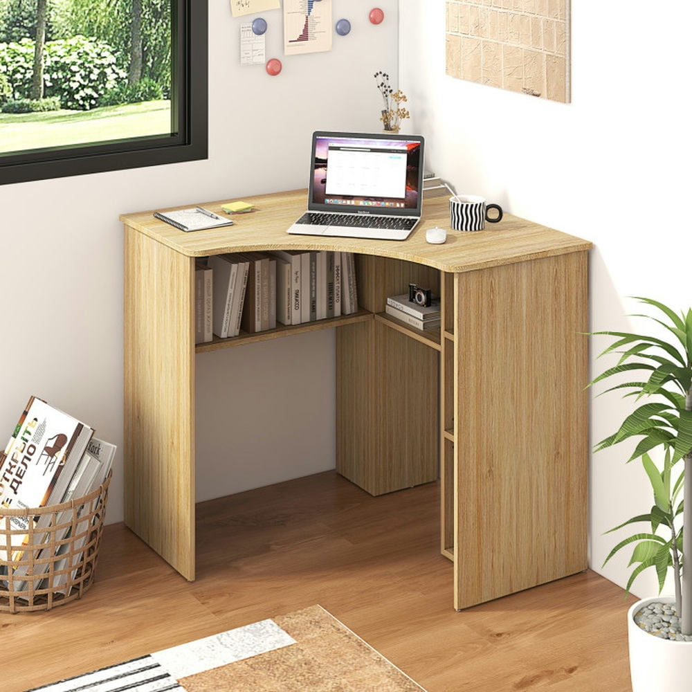 Demi Bonn Corner Computer Desk Triangle Home Office Desk with Adjustable Shelf and Arc-Shaped Profile, Beige