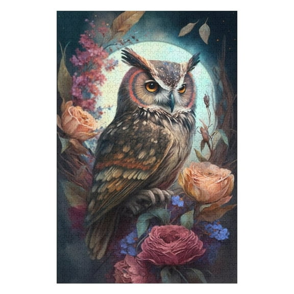 Puzzles for Adults 300 Pieces - Owl Sitting Branch With Flowers Leaves Funny Puzzles Gift for Birthday Wedding Christmas Halloween
