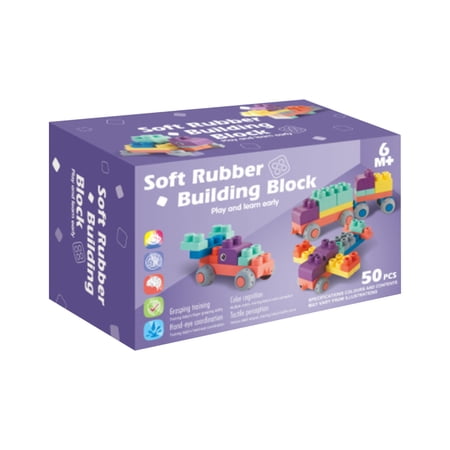 Soft Rubber Building Blocks 50 PCS Ouch-Free Preschool Educational Building Set BPA-Free Chewable Montessori Toys Early Learning Building Toys for Grasping Training & Hand-Eye Coordination