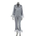 thumbnail image 1 of BKQU-Pijama de plumas para mujer, de 2 piezas ropa de dormir, Tops de manga larga con cuello vuelto, conjuntos informales de satén con pantalones, Otoño, 2023, 1 of 4