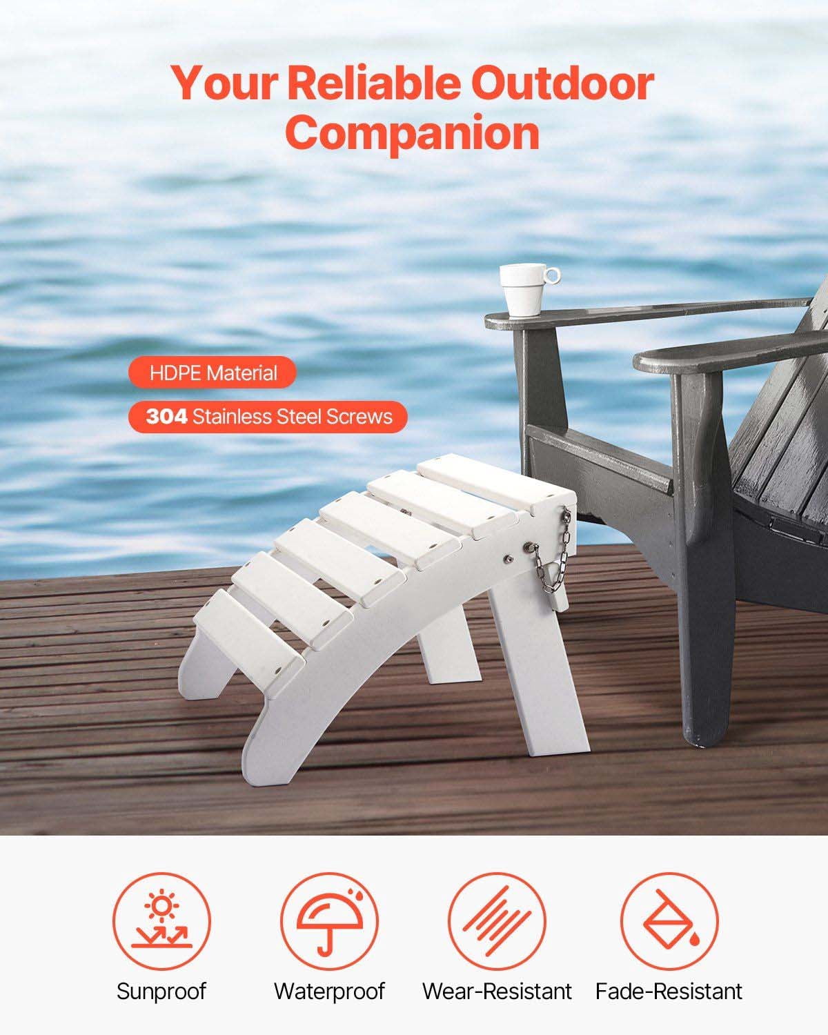 Adirondack Ottoman, Folding Foot Rest - 17.7" x 19.7" HDPE Plastic, Weather Resistant - Outdoor Patio Furniture Footstool for Adirondack Chair, Lawn, Backyard - White
