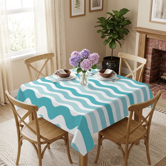 Geometric Striped Pattern Square Tablecloth 54x54 Inch Aqua White Wave Pattern Waterproof Polyester Table Cover, Washable Stain Resistant Tablecloth for Dining Table Kitchen Wedding