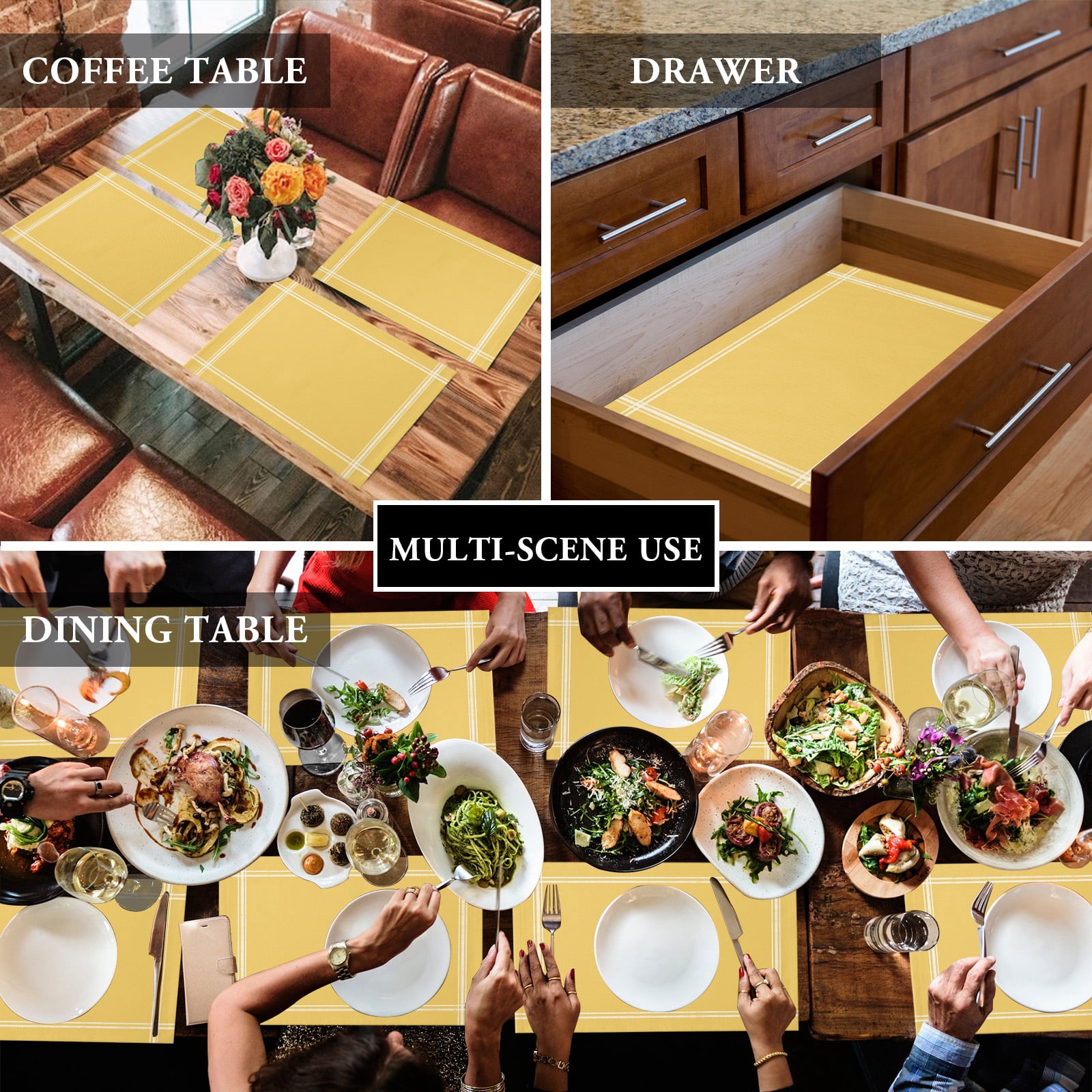 Placemats Set of 4, Solid Yellow Color Placemats Set of 4, Yellow Vintage Tablemats Washable Placemat Table Decoration for Kitchen Table Dinner Party Home Decor Indoor Outdoor 13x19 Inch