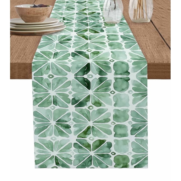 Green Geometric Table Runner 36 Inches, Vintage Watercolor Abstract Art Bed Runner Dresser Scarves Tabletop for Indoor Outdoor Parties/Ceremony/Banquet, 13"x 36"