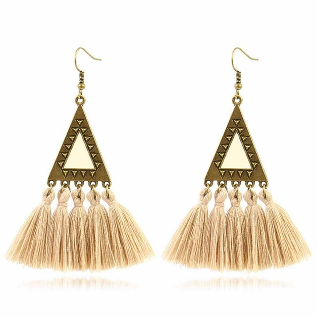 letairis 2 Pieces Women Eardrop Tassel Triangular Decorative Fringed Ear Drop Earring Holiday Jewelry Decoration Red Beige