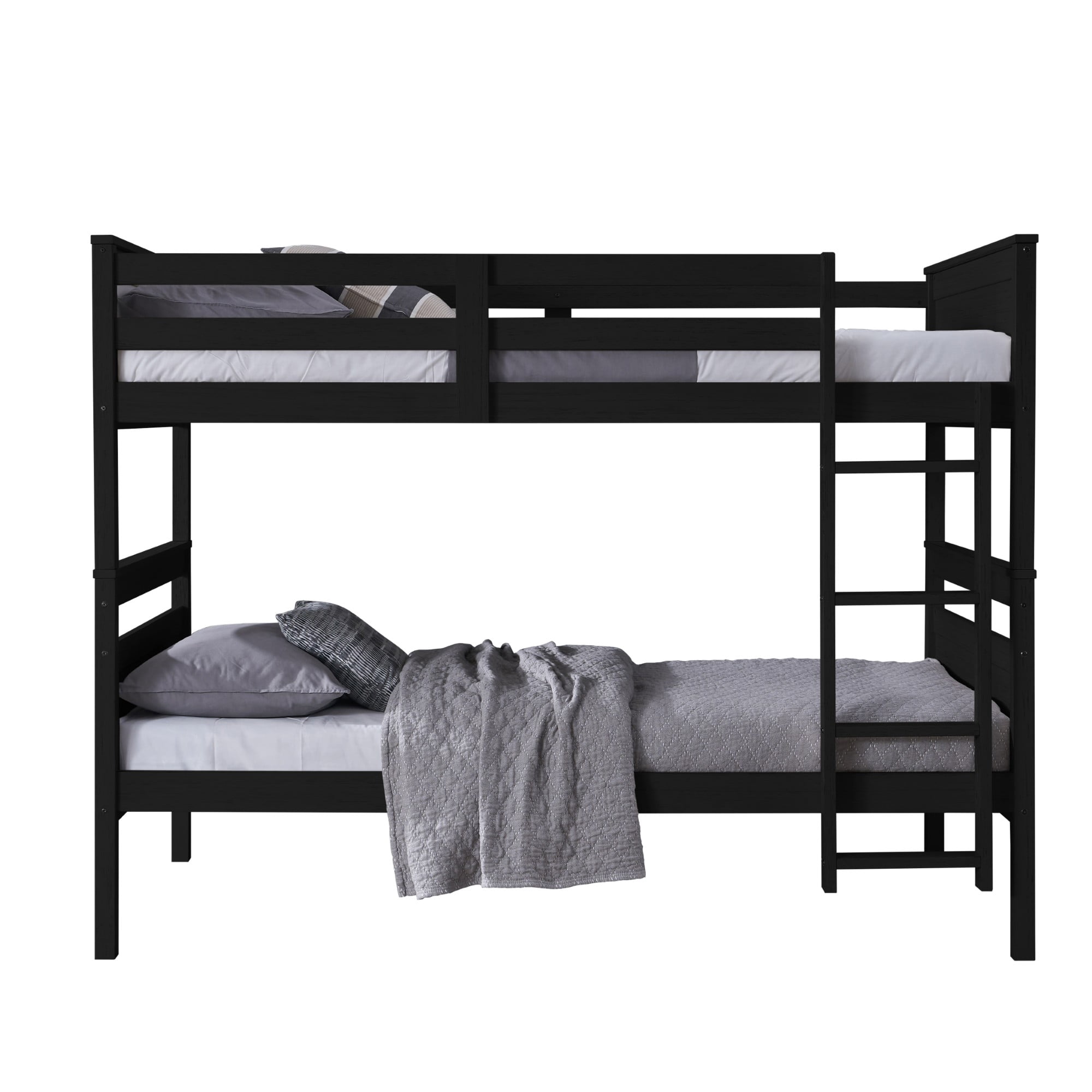 Home Design Exeter Twin Over Twin Solid Wood Bunk Bed Frame with Guardrails and Ladder, Black, Easy Assembly