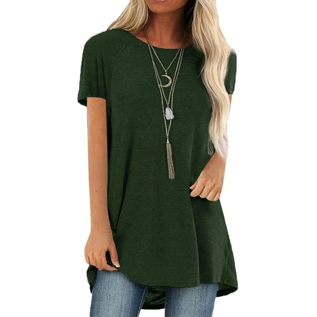 MAWCLOS T-Shirt Femme Col Rond Tops Manches Courtes Tee Shirt Tunique Été Blouse de Couleur Unie Vert XL