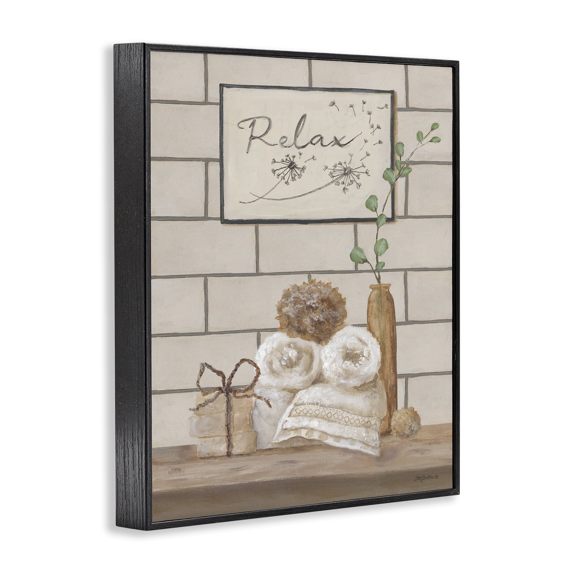 Stupell Industries Relax Bathroom Scene Typography Painting Black Framed Art Print Wall Art, 16 x 20