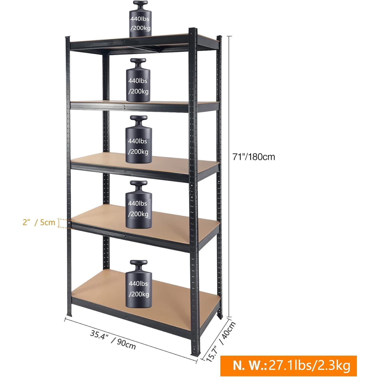 Miniyam 2000LBS Capacity 5 Tier Laminated Metal Shelving Unit, Adjustable Storage Rack, Black