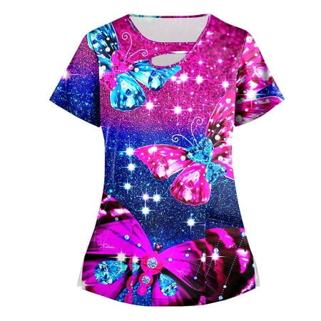 

Qcmgmg Crew Neck Stretch Short Sleeve Christmas Scrub Shirts Workwear Plus Size Nurse Medical Scrubs Dark Purple 2XL