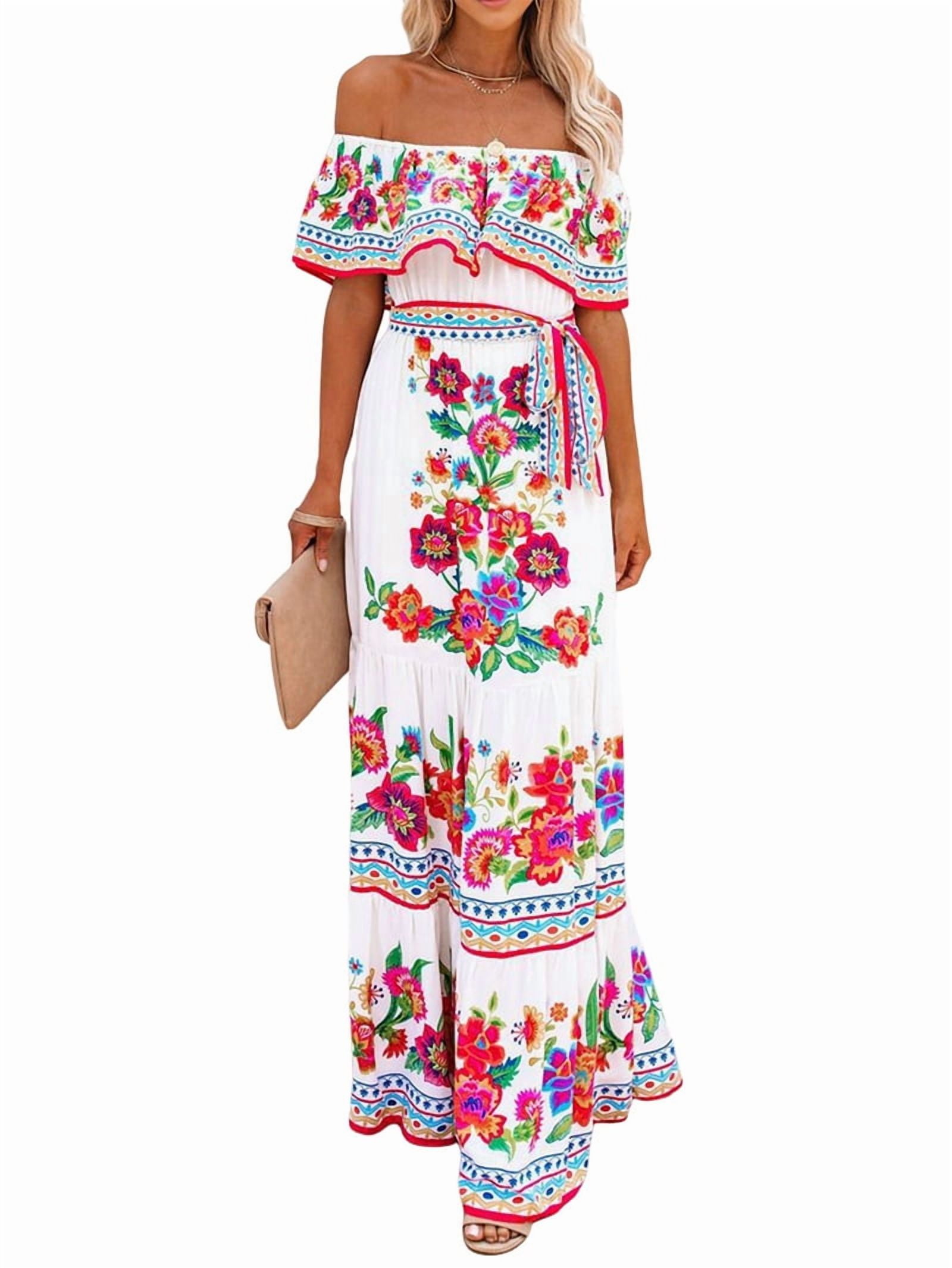 Women's Mexican Maxi Dress Off the Shoulder Sleeveless, Floral Print Long Beach Dress for Summer, Bohemian Vacation White & Red L