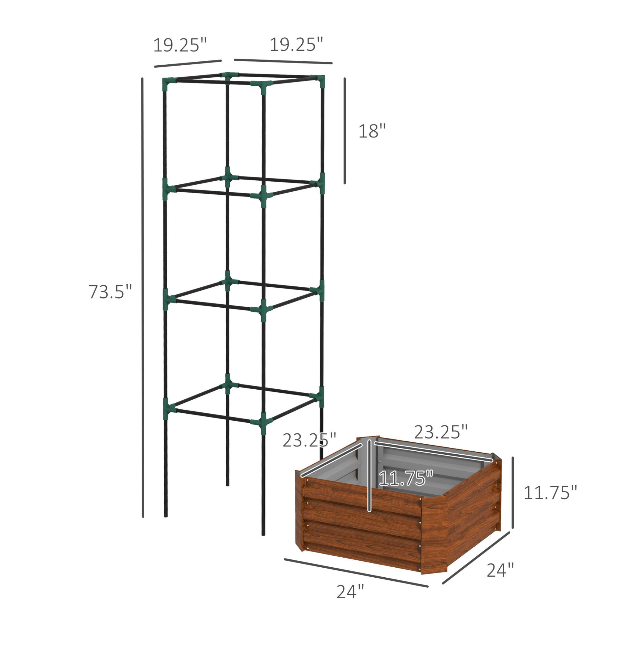 Outsunny Galvanized Raised Garden Bed, 24" x 24" x 11.75" Outdoor Planter Box with Trellis Tomato Cage and Open Bottom for Climbing Vines, Vegetables, Flowers in Backyard, Garden, Patio, Brown