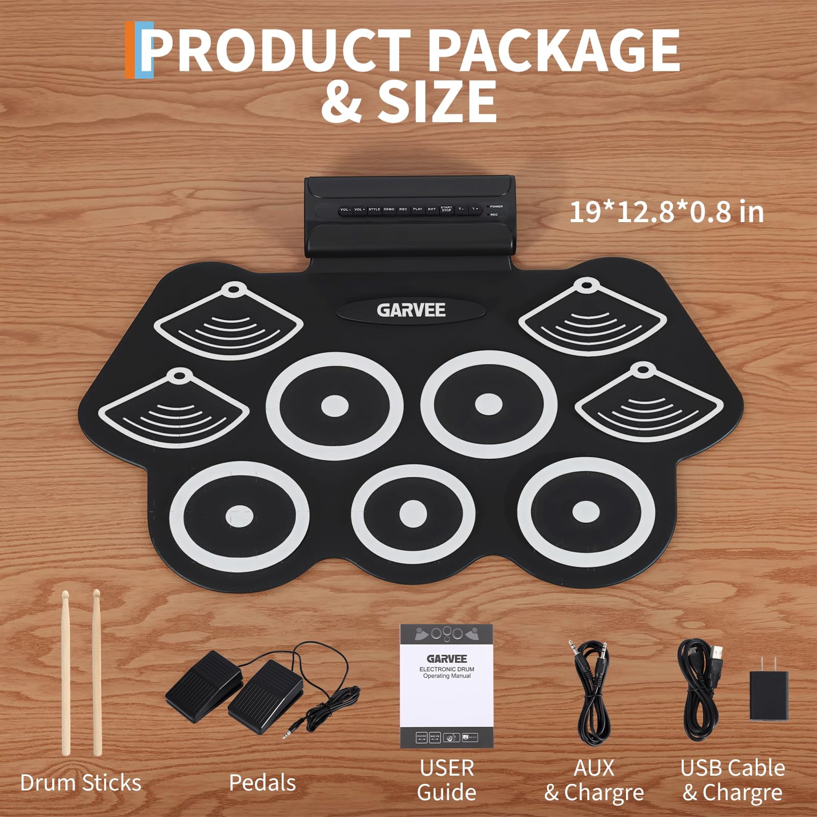 Wireless Electronic Drum Set, 9-Pad Portable Roll-Up Kit - Includes Kick Pedal & Drum Sticks, with Built-in Speaker, LED Lights, Recording for Kids & Beginners