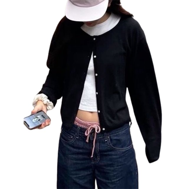 FOCUSNORM Women's Lightweight Knitted Cardigan Solid Color Long Sleeve Round Neck Button-front Closure Tops