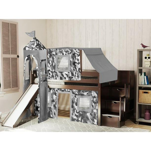 Jackpot Castle Low Loft Stairway Bed, Camouflage Bunk Bed With Tent And Slide