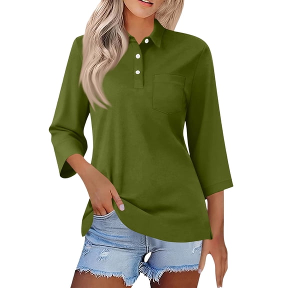 Nestiefly Polo Shirts for Women 3/4 Sleeve Tops Golf Tees Collared Cotton Shirt Business Casual Womens Tops Army Green M