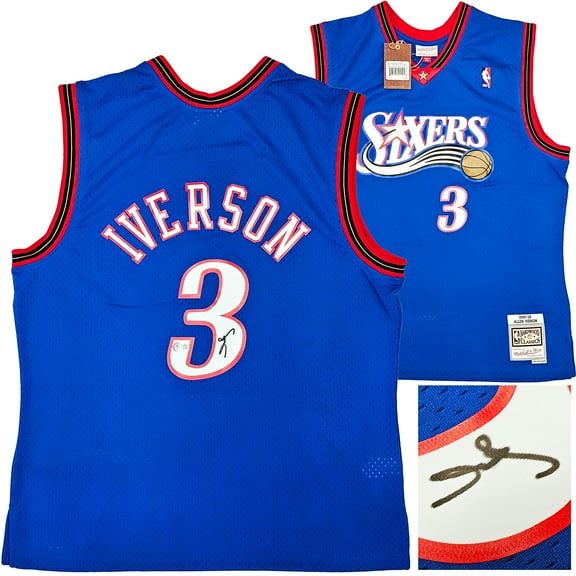 Philadelphia 76ers Allen Iverson Autographed Blue Authentic Mitchell & Ness 1999-00 HWC Swingman Jersey Size XL Beckett BAS Witness 220419