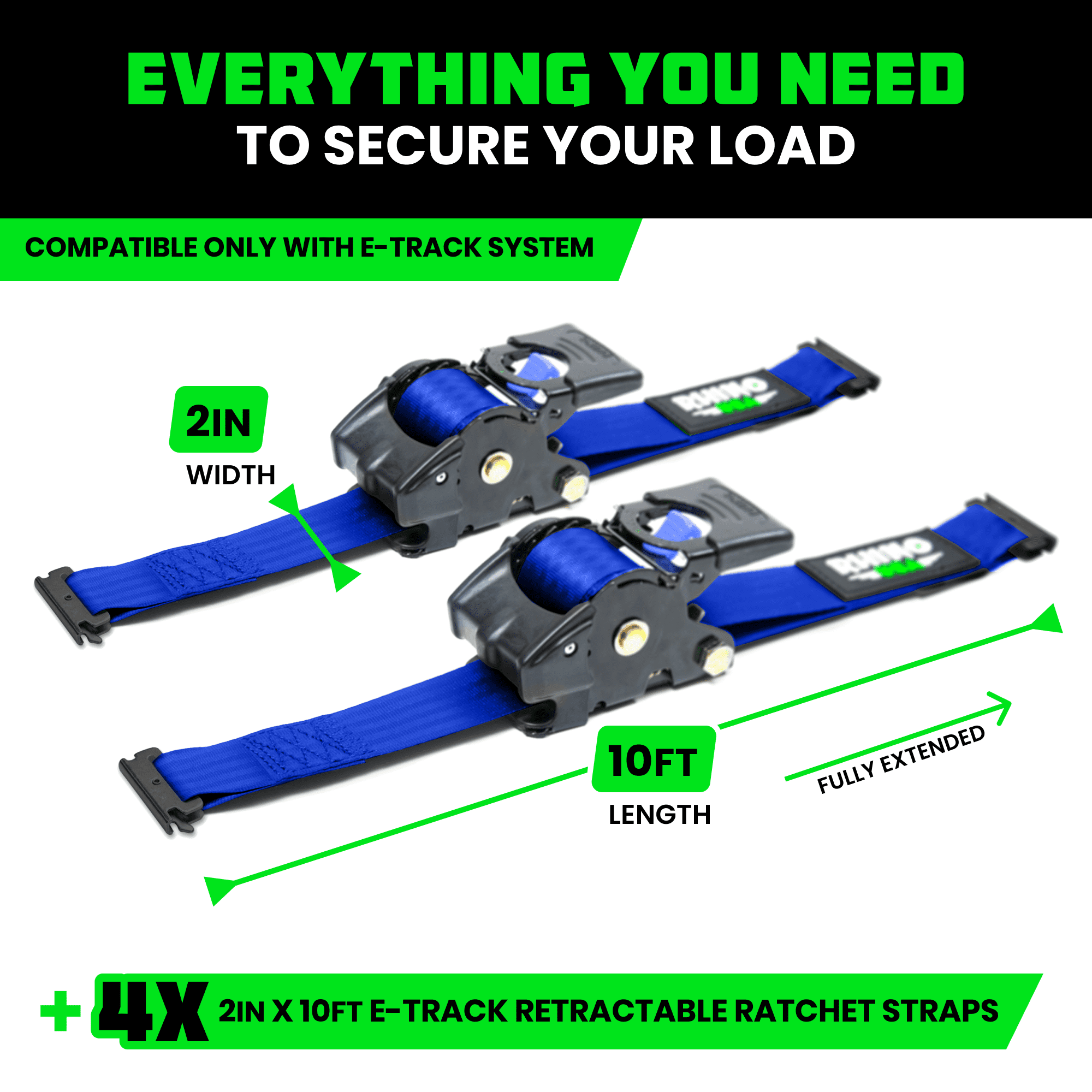 Rhino USA 2" x 10' E Track Retractable Ratchet Tie Down Straps - 3033lb Break Strength (Blue 4Pack)